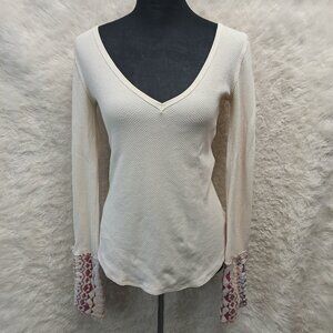 Free People We the Free Women Art School Cuff V-Neck Thermal Shirt Cream Size M